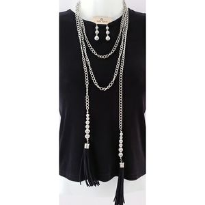 NEW Layered Silver Link Bead Tassel Necklace Set